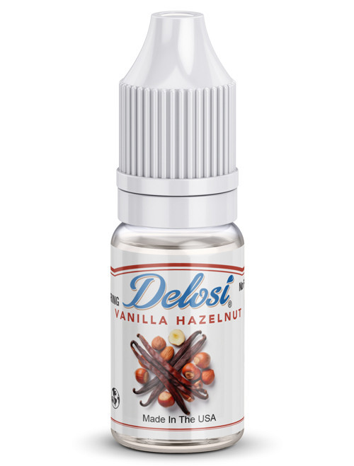 Delosi Vanilla Hazelnut Flavor Concentrate, a flavored coffee concentrate, in a small clear bottle.