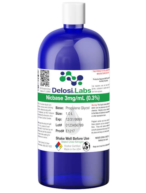 Delosi Labs 3mg/ml Unflavored NicBase Pre-Mixed Nicotine Liquid, pharmaceutical grade nicotine, blue colored bottle.