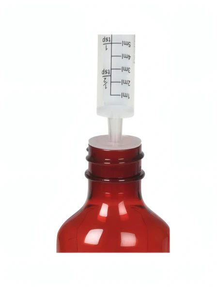 28mm press-in adapter in bottle with syringe showing leak-free transfer