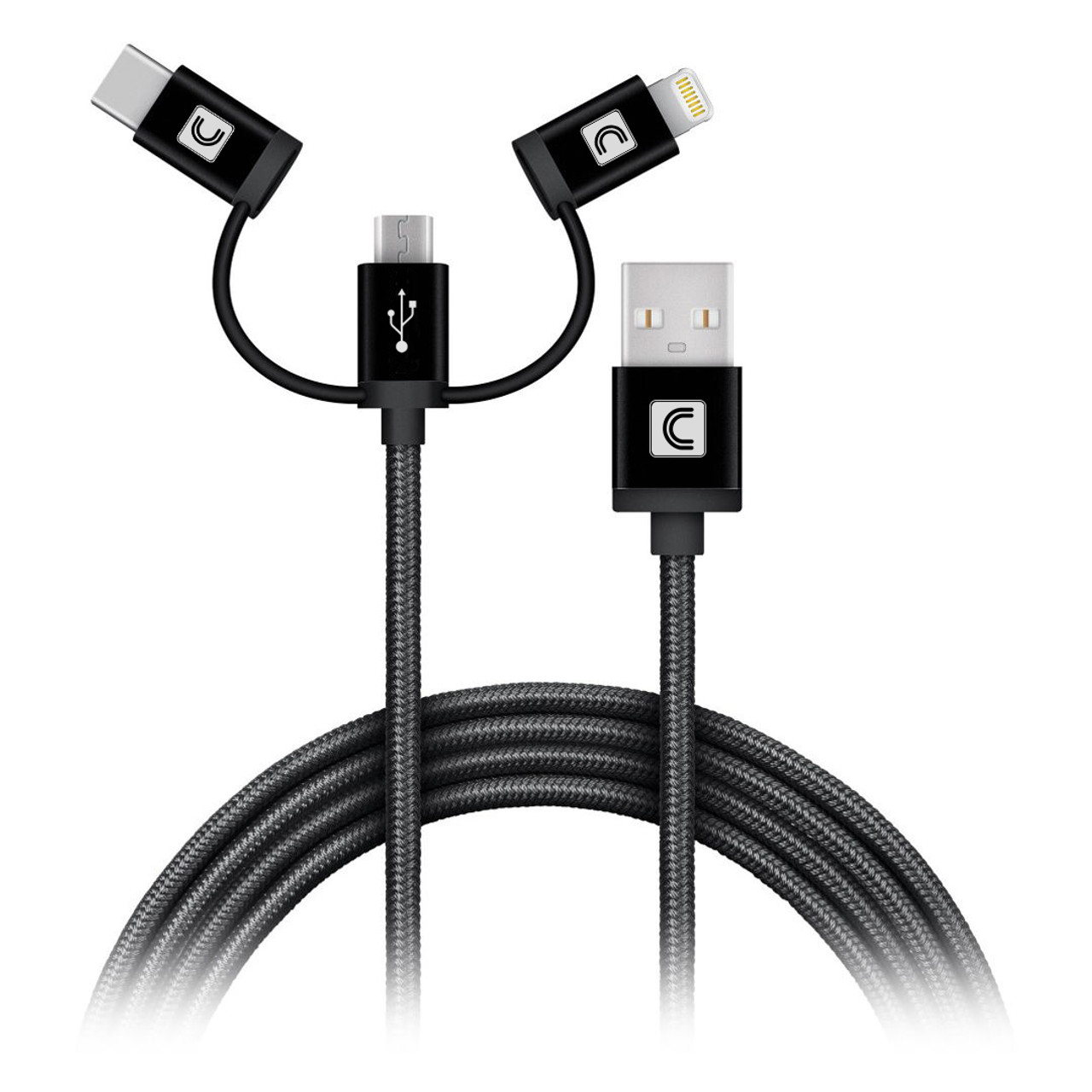 3-in-1 Mobile Charging Cable 3ft Black (USB2.0 A to Lightning, USB-C, and  Micro USB)