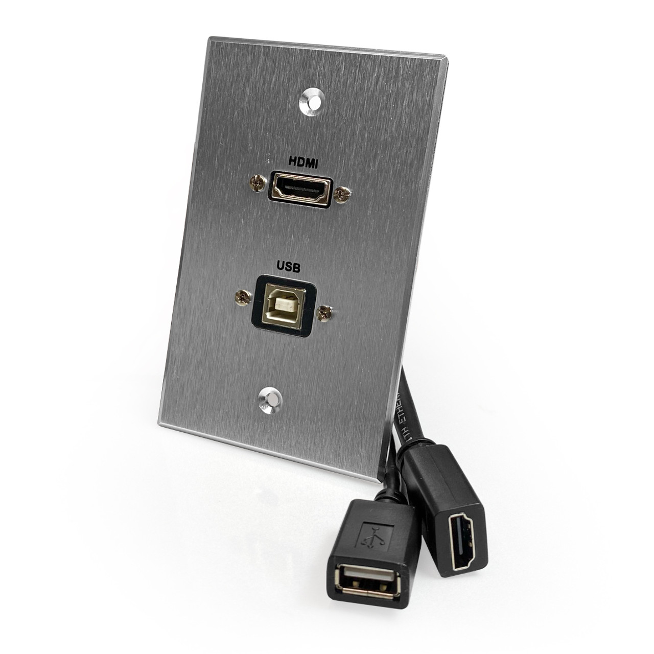 HDMI and USB-B 2.0 Pass-Through Single Gang Aluminum Wall Plate with Pigtail