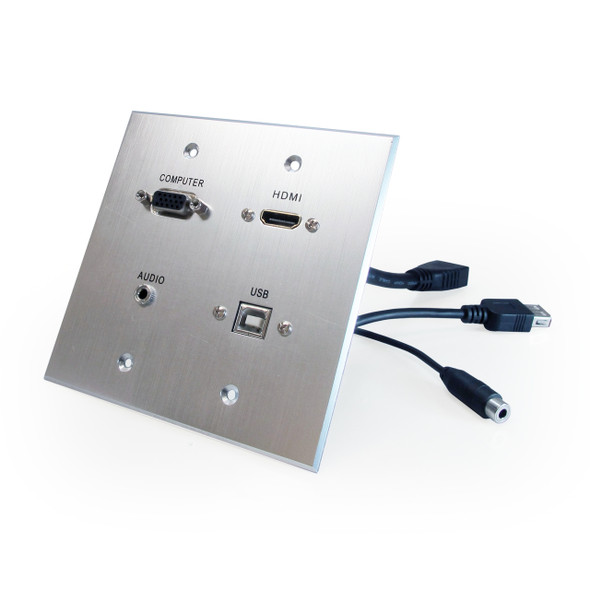 HDMI, VGA, 3.5mm Audio, USB-B to USB-A Pass Through Dual Gang Wall Plate with Pigtails - Aluminum