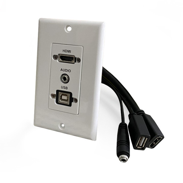 HDMI, USB-B 2.0 and 3.5mm Audio Pass-Through Single Gang Decorative Wall Plate with Pigtail - White