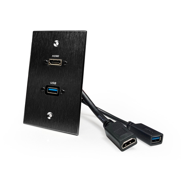 HDMI and USB-A 3.0 Pass-Through Single Gang Black Aluminum Wall Plate with Pigtail