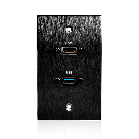 HDMI and USB-A 3.0 Pass-Through Single Gang Black Aluminum Wall Plate with Pigtail