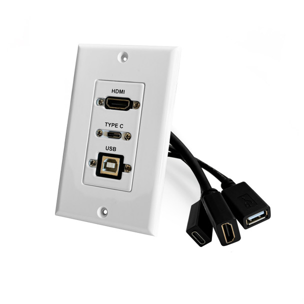 HDMI, USB-B and USB-C Pass-Through Single Gang Decorative Wall Plate with Pigtail - White