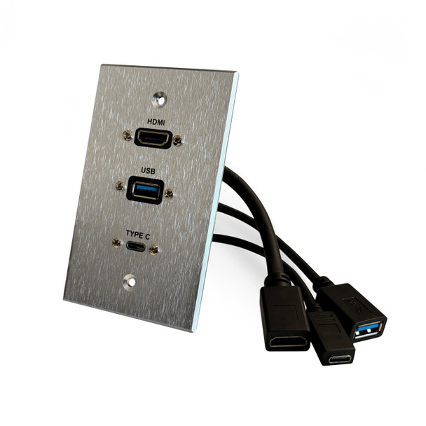 HDMI, USB-A and USB-C Pass-Through Single Gang Aluminum Wall Plate with Pigtail