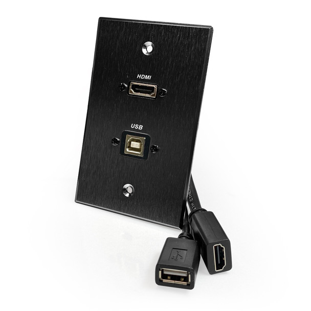 HDMI and USB-B 2.0 Pass-Through Single Gang Black Aluminum Wall Plate with Pigtail