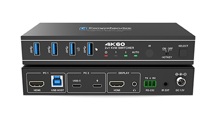 Pro AV/IT Integrator Series™ 2x1 4K60Hz HDMI/USB-C KVM Switcher with USB 3.2 Hub, PD Charging, Audio Extraction & RS232 Control
