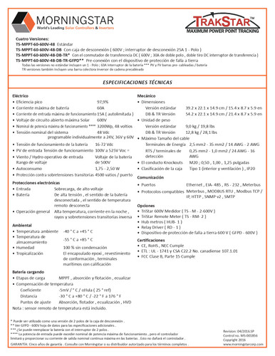 Morningstar TS-MPPT-60-600V-48-DB-TR-GFPD Controlador Solar Morningstar TS-MPPT-60-600V-48-DB-TR-GFPD Controlador Solar