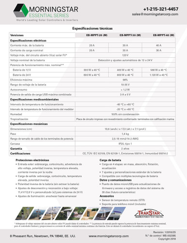 Morningstar EB-MPPT-40 Controlador de Carga Solar