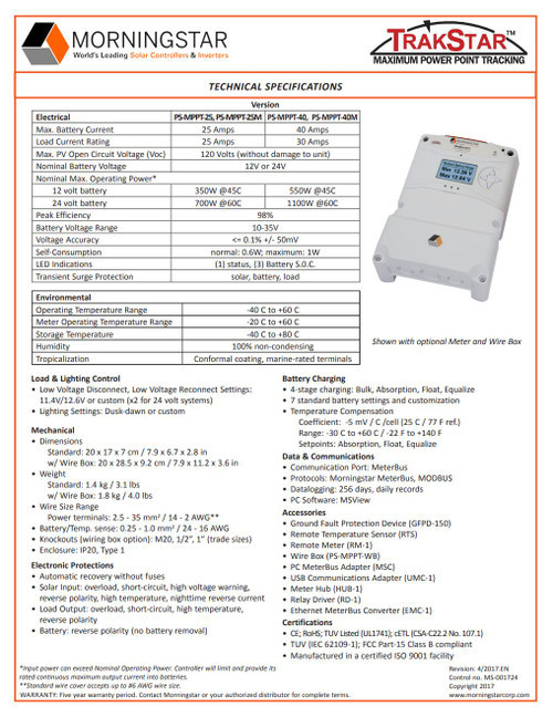 Morningstar PS-MPPT-40 Controlador de carga ProStar de 40A