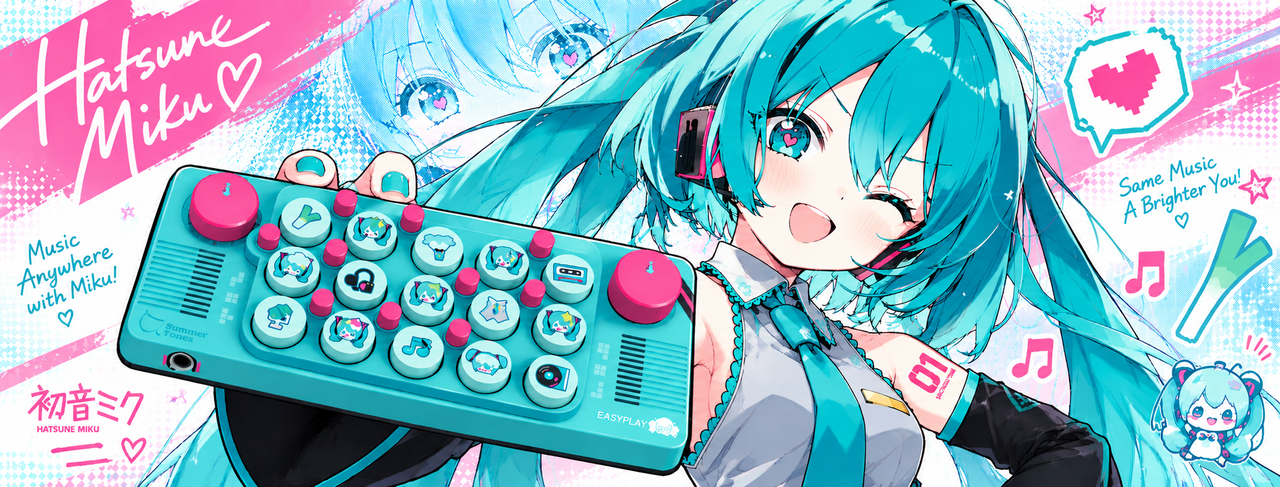 Bring a little more colour to everyday music-making with the cubyfun &times; Hatsune Miku Pocket Music Keyboard Gift Box.