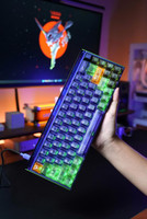 Panda Wagon MelGeek Evangelion MADE68 Ultra EVA-01 Limited Edition Mechanic Gaming Keyboard, colorful backlit mechanical keyboard with neon green, orange, and blue keys, featuring Evangelion-themed design and icons.