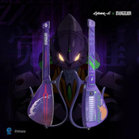 Panda Wagon Enya Evangelion EVA-01 Cyber-G Stringless Guitar, purple and green themed electric guitar inspired by Evangelion character EVA-01 with LED lights and unique design features.