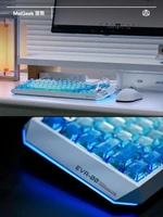 Panda Wagon MelGeek Evangelion Centauri 80 EVA-00 Rei Ayanami Limited Edition Mechanic Gaming Keyboard, close-up view of the illuminated blue keycaps on a sleek white keyboard with side lighting detail.