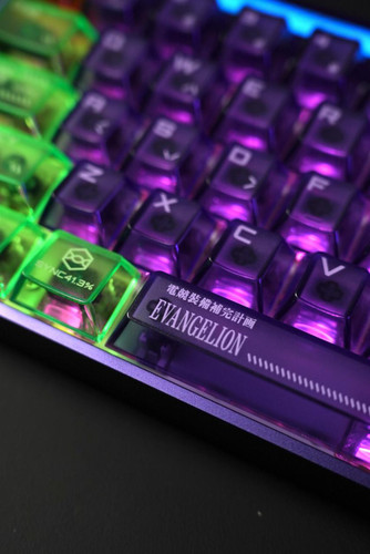 Panda Wagon MelGeek Evangelion MADE68 Ultra EVA-01 Limited Edition Mechanic Gaming Keyboard, close-up of illuminated mechanical keyboard with purple, green, and pink backlit keys featuring Evangelion theme.