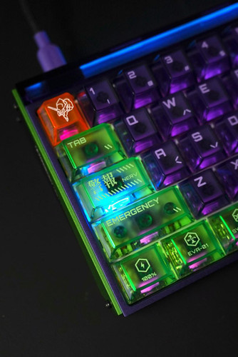 Panda Wagon MelGeek Evangelion MADE68 Ultra EVA-01 Limited Edition Mechanic Gaming Keyboard with colorful backlit keys.