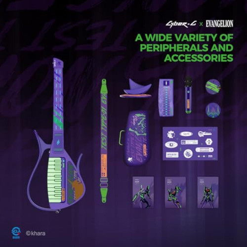 Panda Wagon Enya Evangelion EVA-01 Cyber-G Stringless Guitar, featuring a futuristic purple and green design with various accessories and peripherals, including a stand, sticker sheet, and character figures from the Evangelion series.