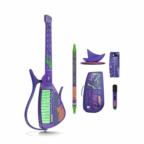 Panda Wagon Enya Evangelion EVA-01 Cyber-G Stringless Guitar, a colorful electric guitar with purple, green, and orange design elements inspired by the Evangelion character, with detachable accessories and musical controls.