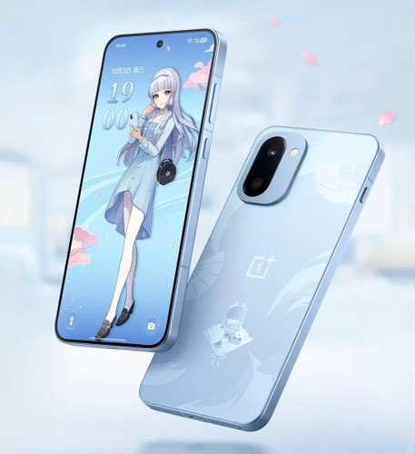 Panda Wagon OnePlus Ace 6T Genshin Impact Kamisato Ayaka Special Edition Smartphone Gift Box, featuring a sleek blue smartphone with a character-themed wallpaper.