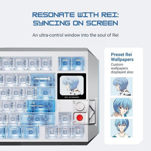 Panda Wagon MelGeek Evangelion Centauri 80 EVA-00 Rei Ayanami Limited Edition Mechanic Gaming Keyboard, featuring anime character display and custom wallpapers