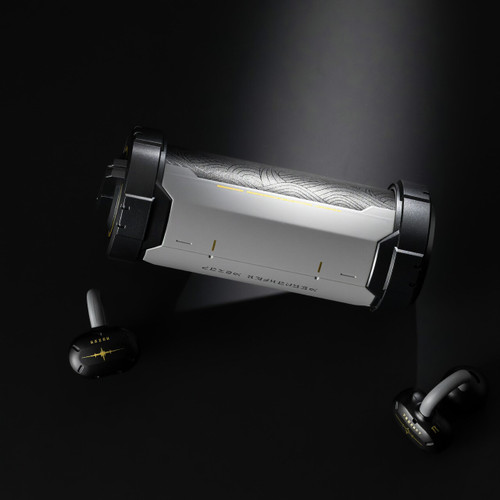Moondrop x Wuthering Waves UCTS hybrid dual driver clip-on earphones main product shot with limited edition collector packaging