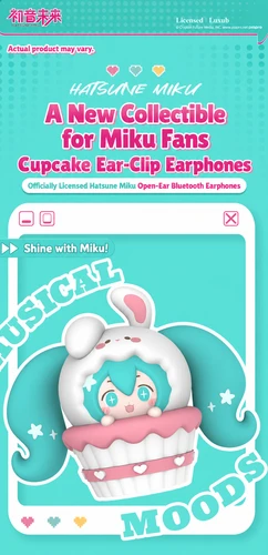 Turquoise poster for Hatsune Miku cupcake ear-clip earphones, showing the character inside a white-and-pink cupcake design.