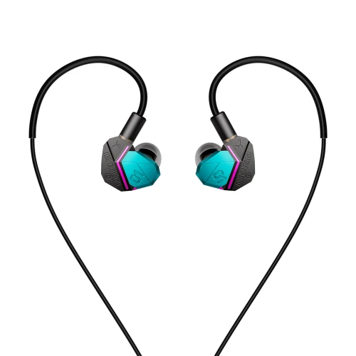 HiBy Digital YUME × Hatsune Miku earphones with turquoise, black and magenta housings, shown with the cable attached on a white background.