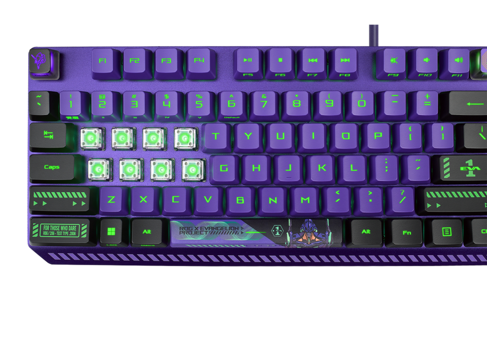 ROG x EVA-01 Strix Scope RX mechanical gaming keyboard front view with purple and green Evangelion design