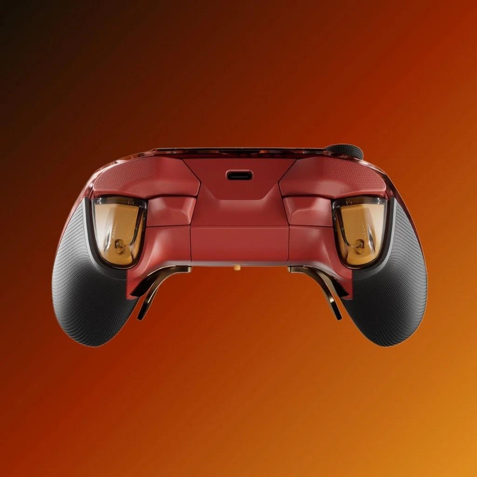 Panda Wagon Flydigi Apex 5 x Neon Genesis Evangelion EVA-02 Wireless Gaming Controller, back side view of a red and black gaming controller with gold accents and textured grips.