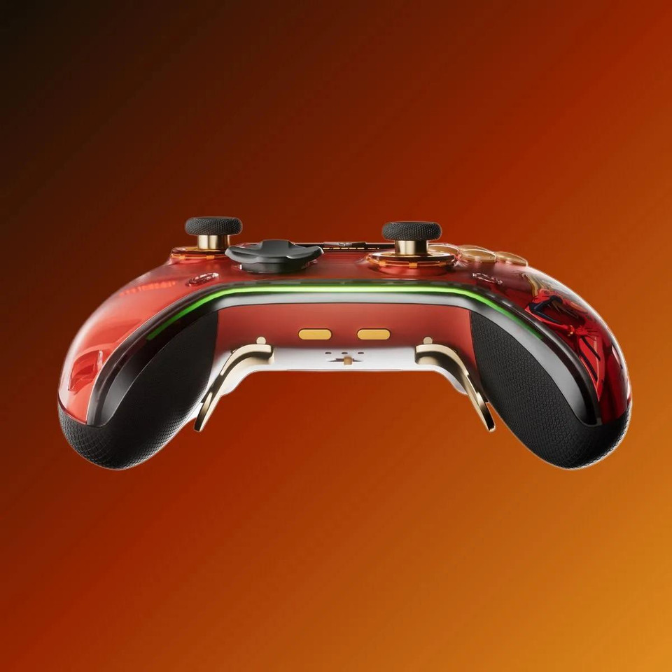 Panda Wagon Flydigi Apex 5 x Neon Genesis Evangelion EVA-02 Wireless Gaming Controller, transparent red design with black grips and detailed buttons.