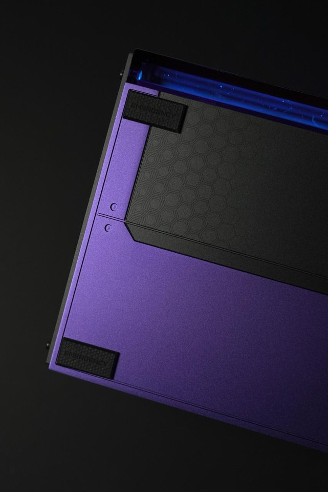 Panda Wagon MelGeek Evangelion MADE68 Ultra EVA-01 Limited Edition Mechanic Gaming Keyboard, close-up of the purple and black keyboard with hexagonal textured surface and blue LED backlight.