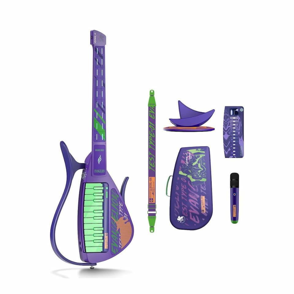 Panda Wagon Enya Evangelion EVA-01 Cyber-G Stringless Guitar, a colorful electric guitar with purple, green, and orange design elements inspired by the Evangelion character, with detachable accessories and musical controls.