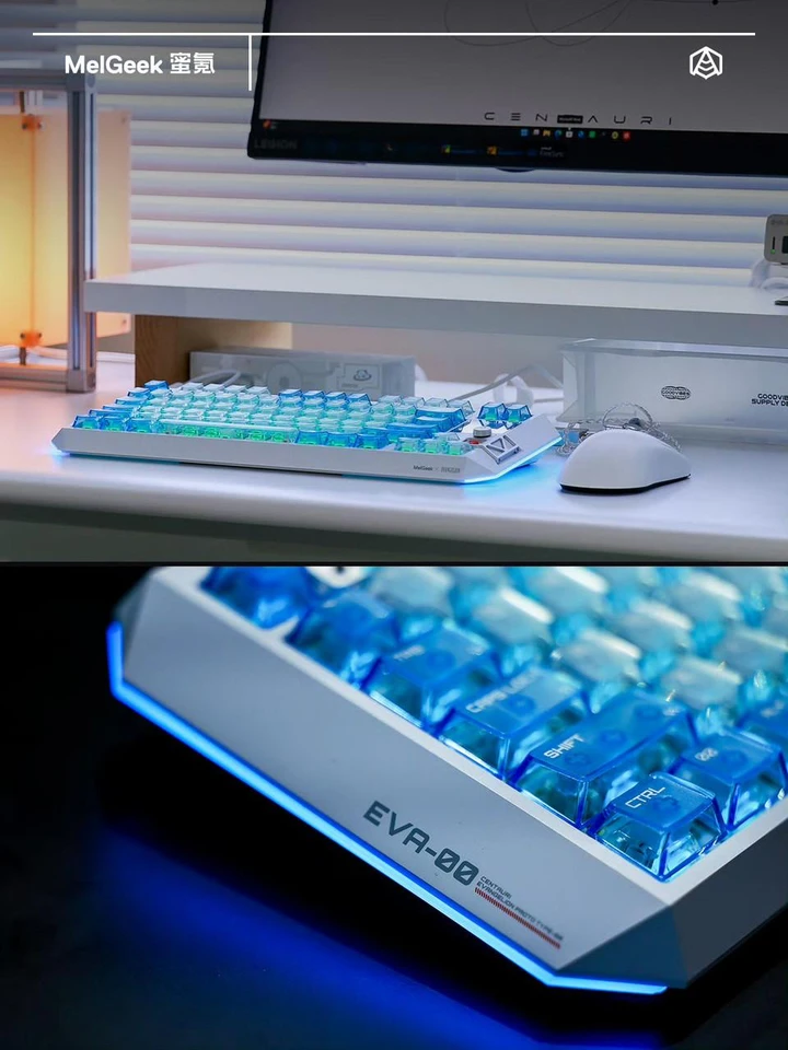 Panda Wagon MelGeek Evangelion Centauri 80 EVA-00 Rei Ayanami Limited Edition Mechanic Gaming Keyboard, close-up view of the illuminated blue keycaps on a sleek white keyboard with side lighting detail.