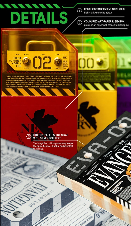 Close-up of EVANGELION Pilot Planner packaging with transparent acrylic lid, foil-stamped rigid box and cotton-paper book spine.