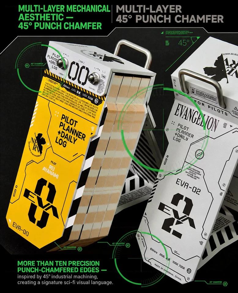EVA-00 and EVA-02 Pilot Planner editions showing industrial-style 45 degree chamfered package edges.