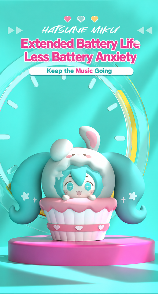 Hatsune Miku cupcake ear-clip earphones with an extended-battery-life marketing headline.