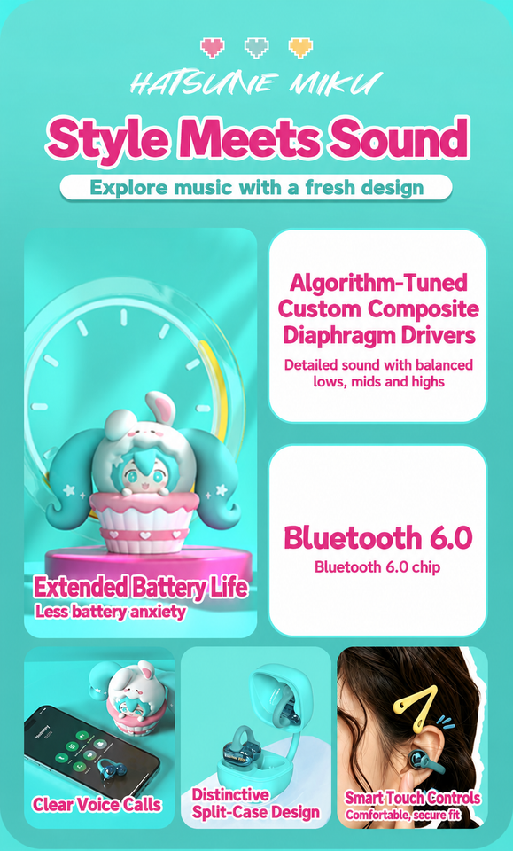 Feature graphic showing the cupcake case, Bluetooth 6.0, voice calls, touch controls and seller-described sound features.
