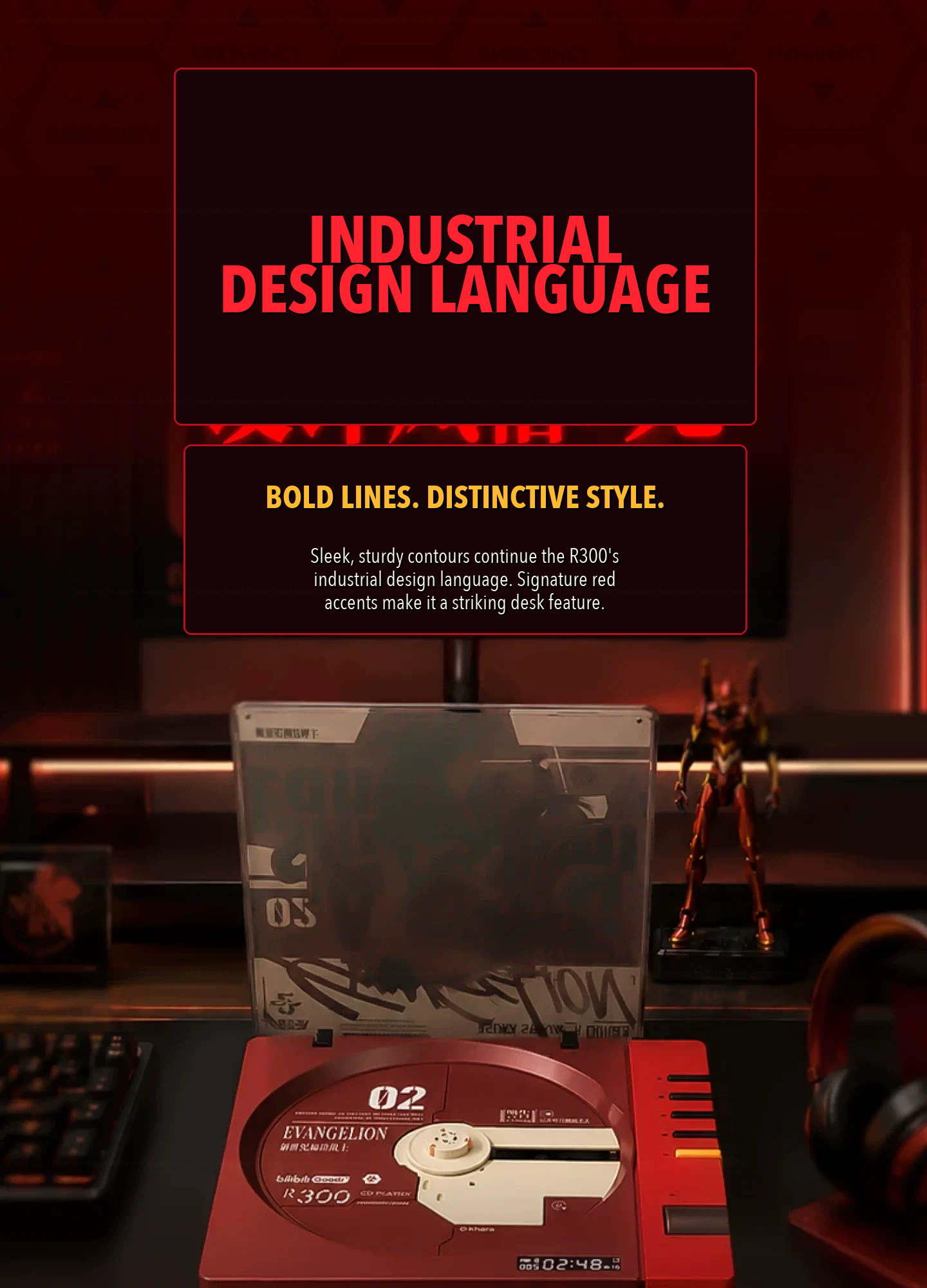 Red R300 CD player photographed on a desk beneath an industrial-design feature graphic