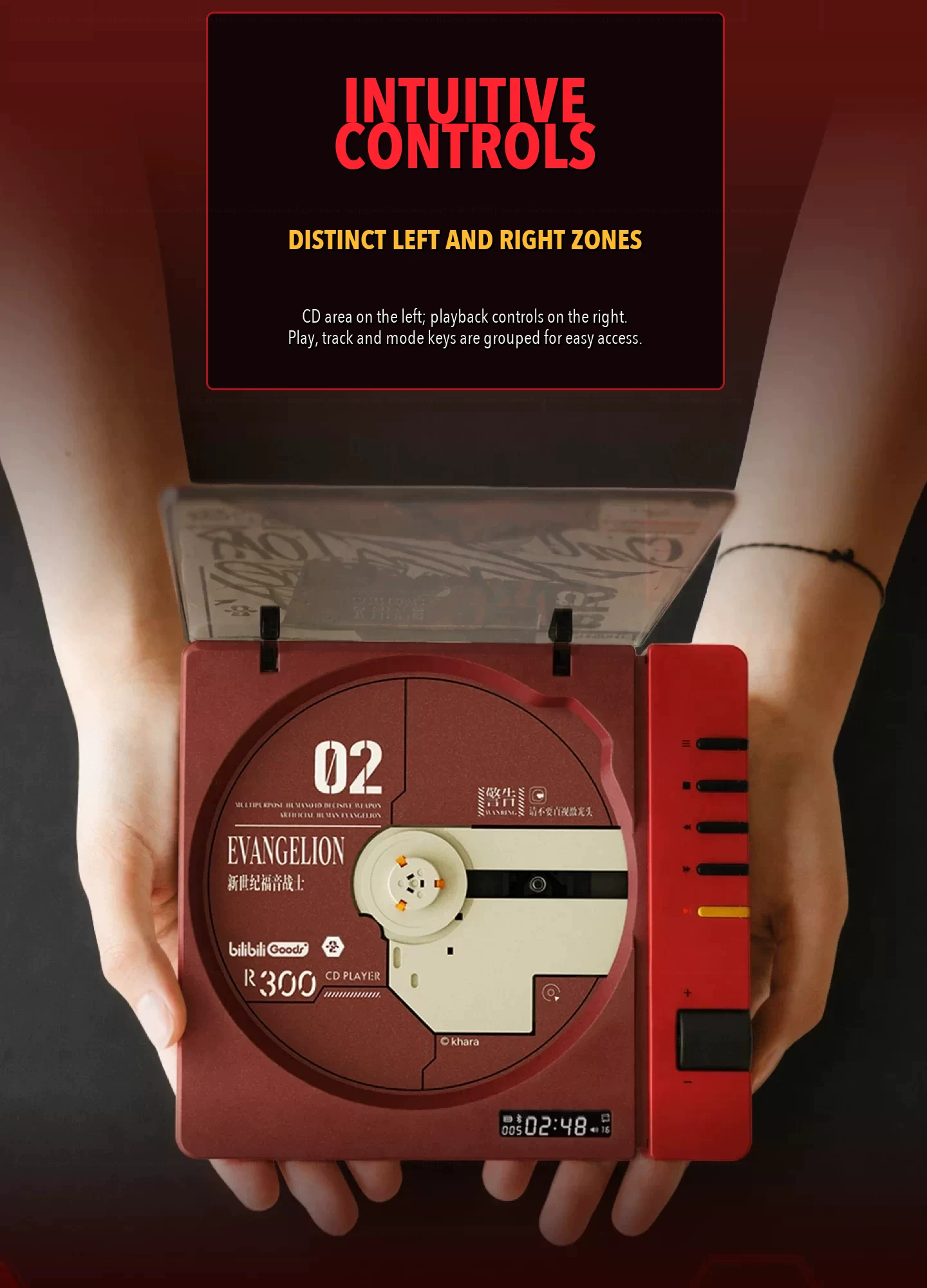 R300 control layout showing the disc area on the left and playback controls on the right