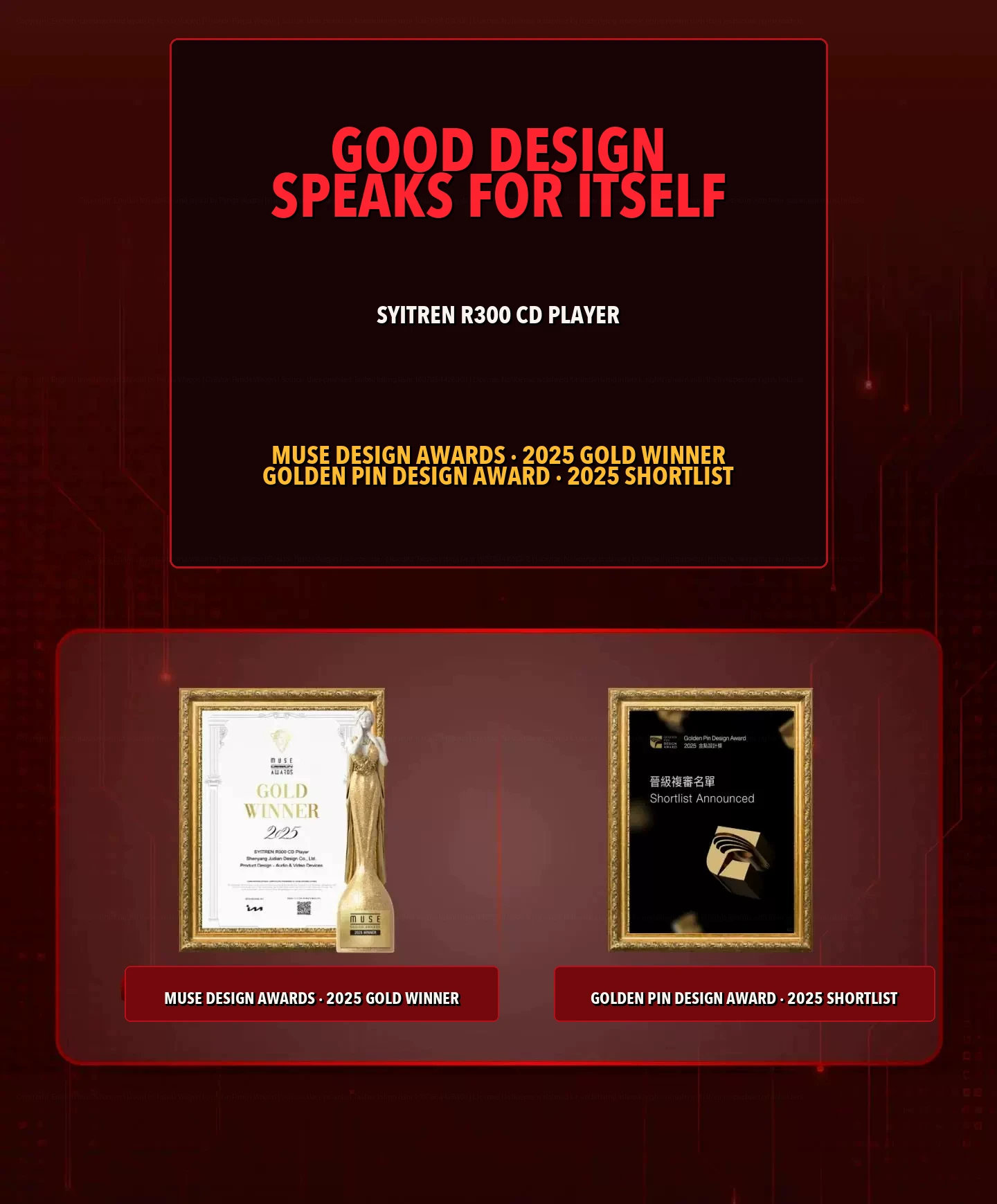 Syitren R300 awards graphic showing the MUSE Gold Winner plaque and Golden Pin badge