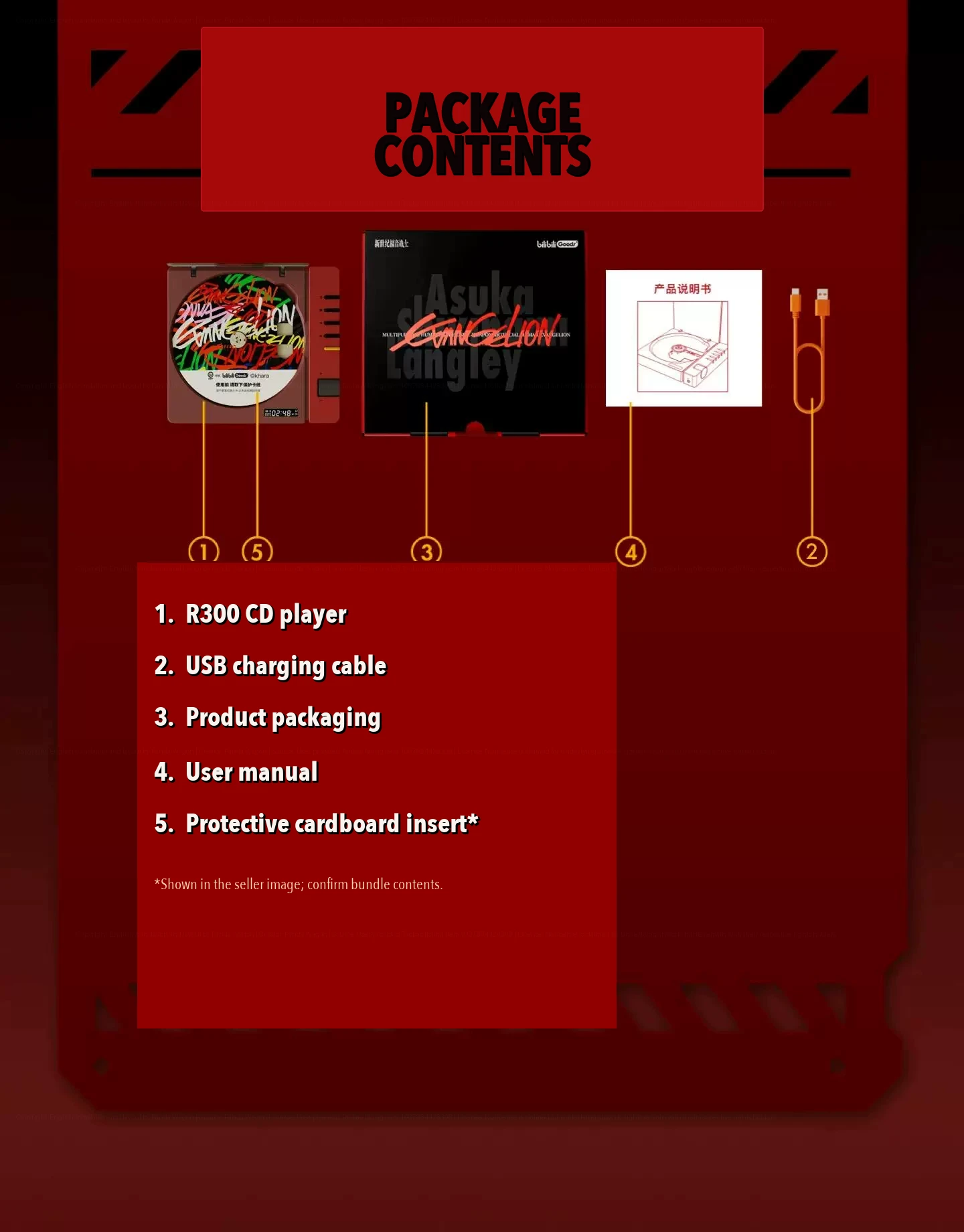 R300 package-contents diagram showing the player, charging cable, manual, box and protective insert