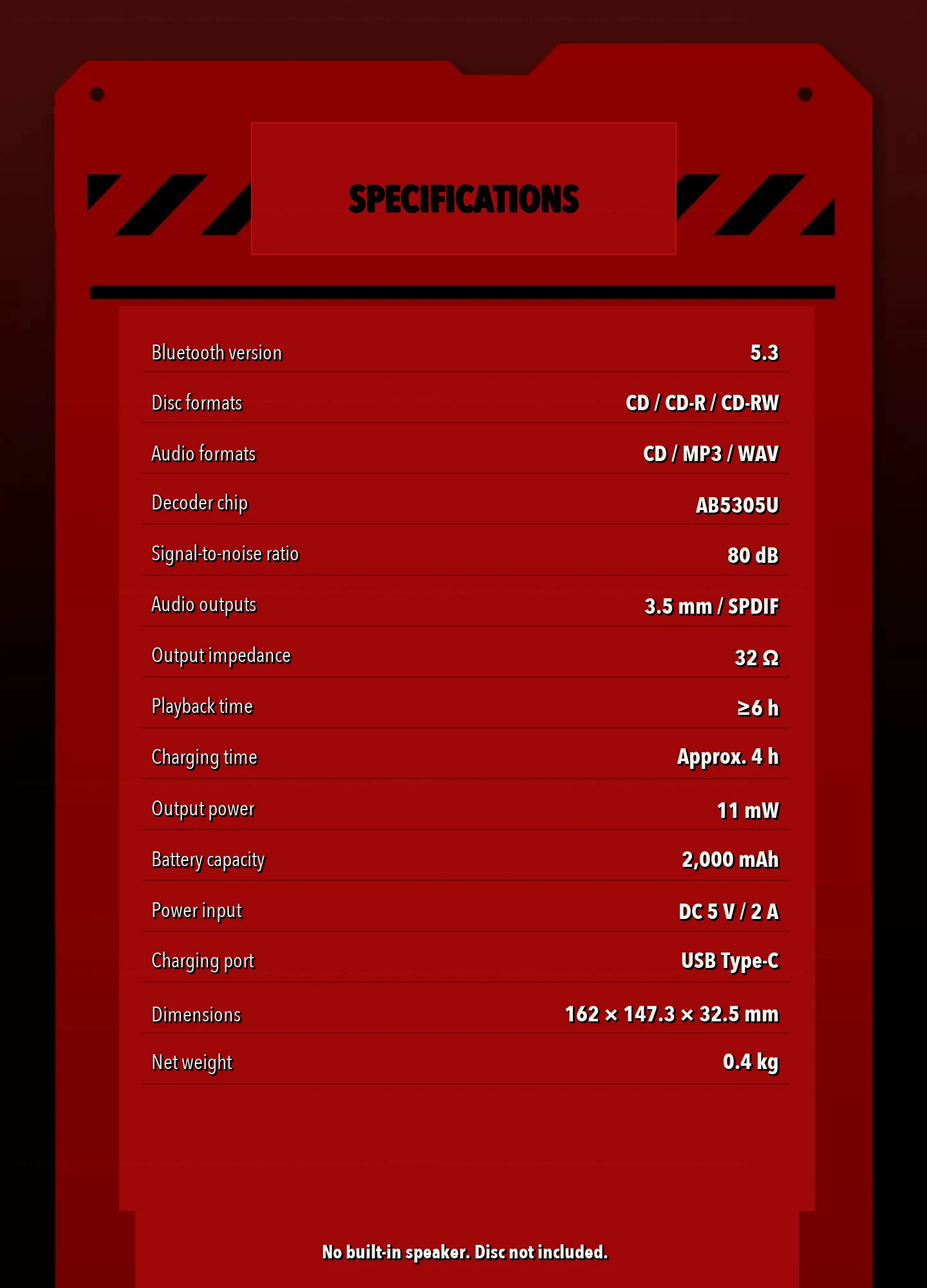 Syitren R300 specification card listing formats, outputs, battery, dimensions and weight