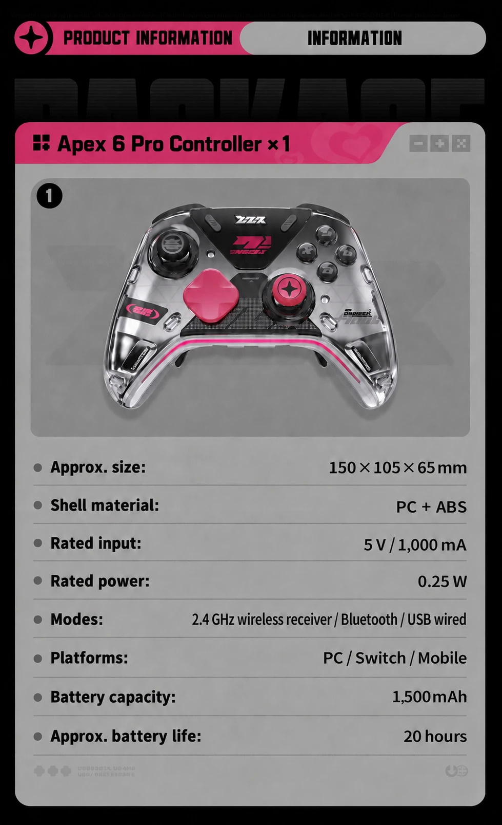 Seller-listed Apex 6 Pro controller specifications