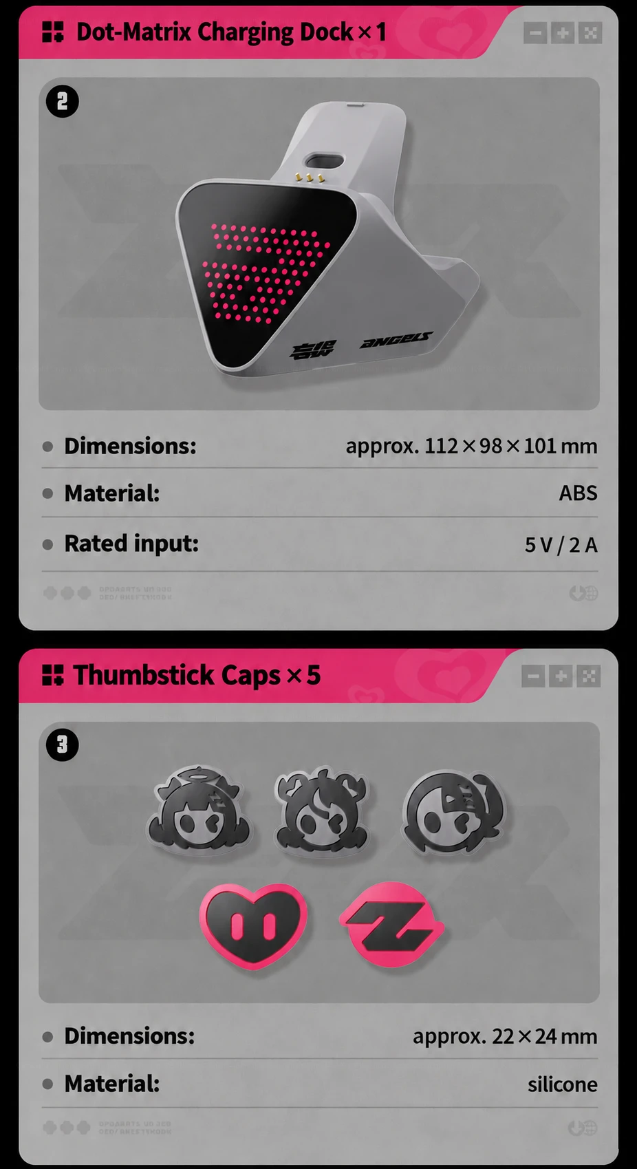 Seller-listed charging dock and thumbstick cap specifications