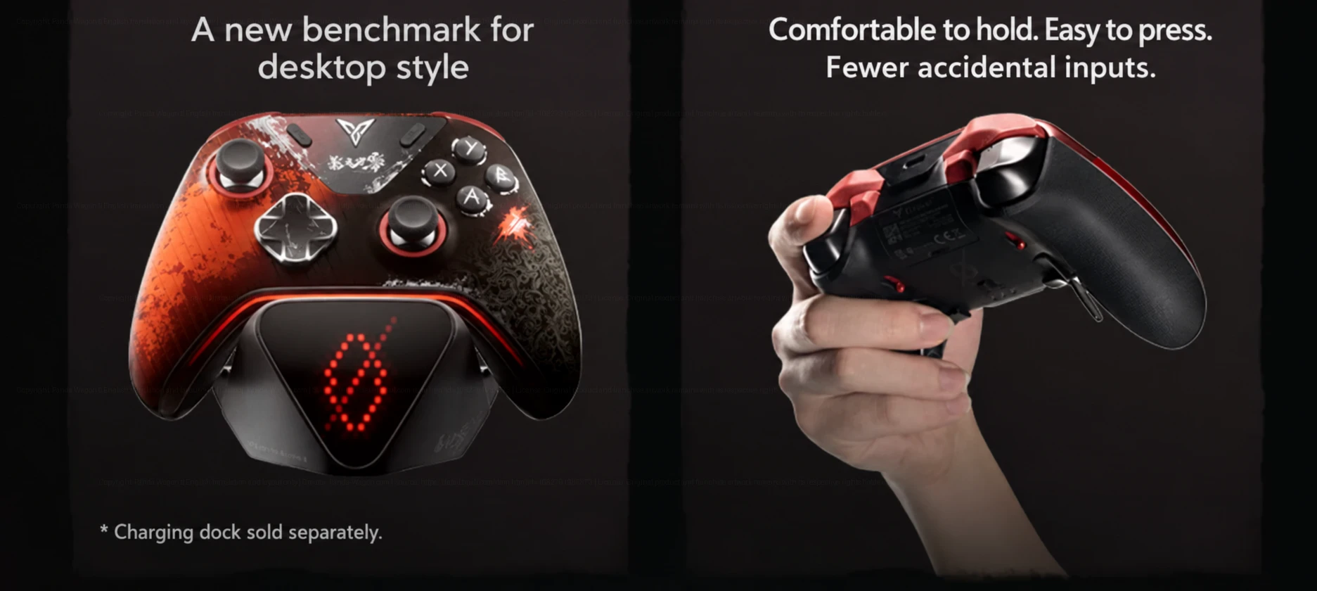 Front view of the black-and-red Flydigi APEX 6 Pro controller beside a rear view held in one hand.