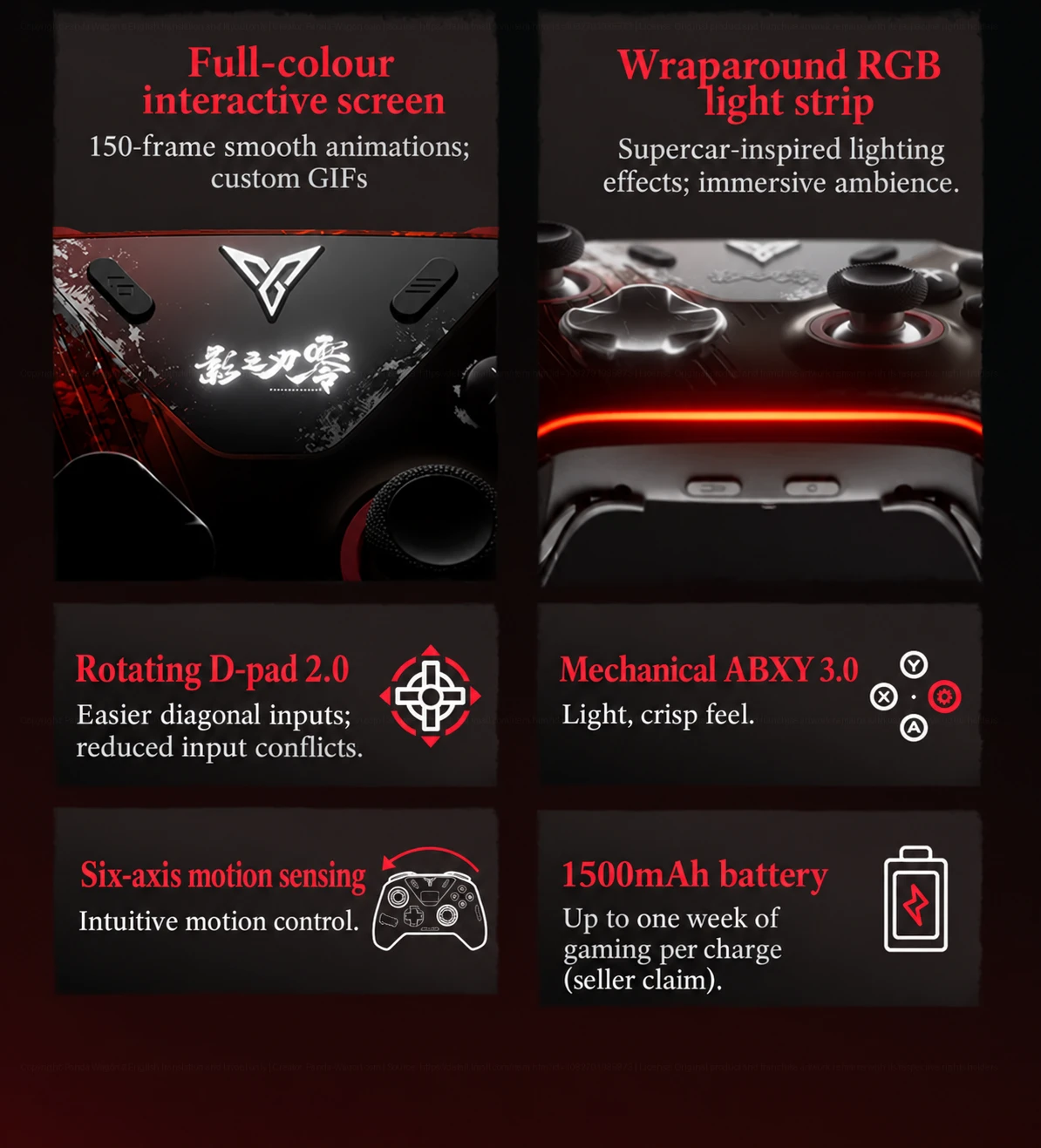 Flydigi APEX 6 Pro feature collage showing the display, lighting, directional pad, face buttons and rear controls.