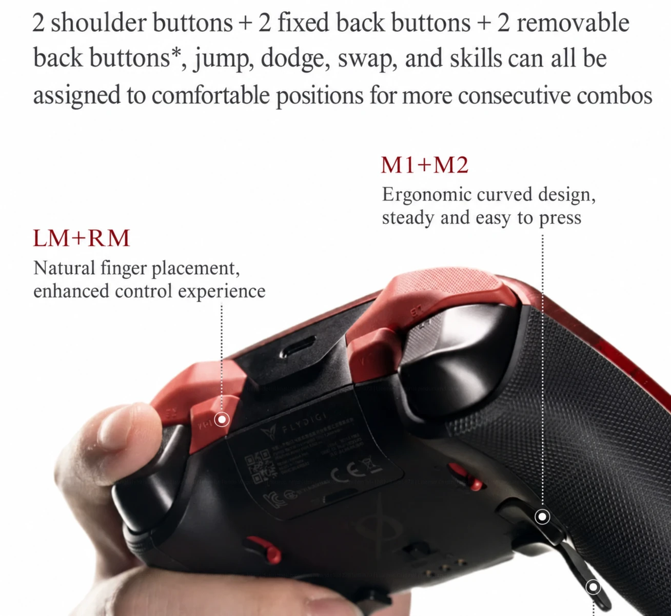 Rear view of the Flydigi APEX 6 Pro controller with its extra controls labeled.