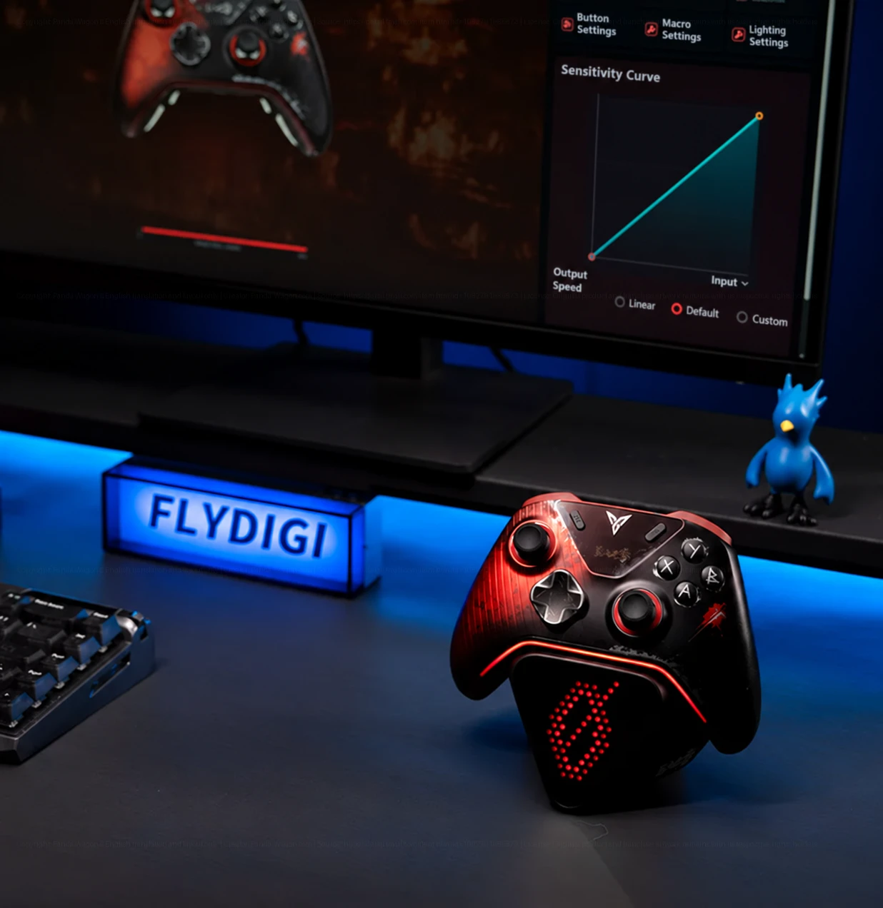 Black-and-red Flydigi APEX 6 Pro controller on a desktop beside a monitor displaying settings.